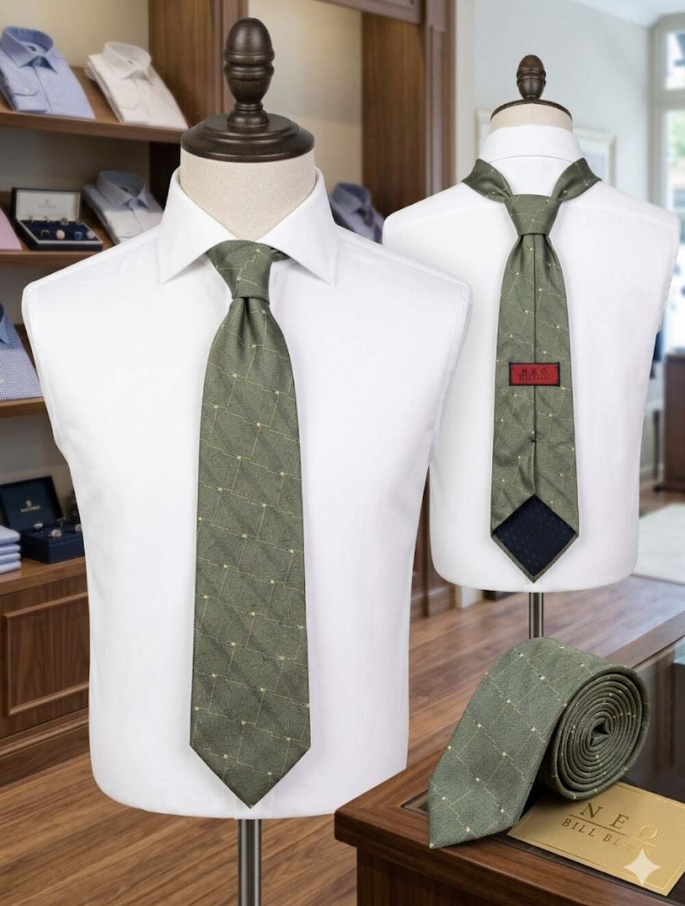 Neo Bill Blass Green Geometric Pattern Silk Tie